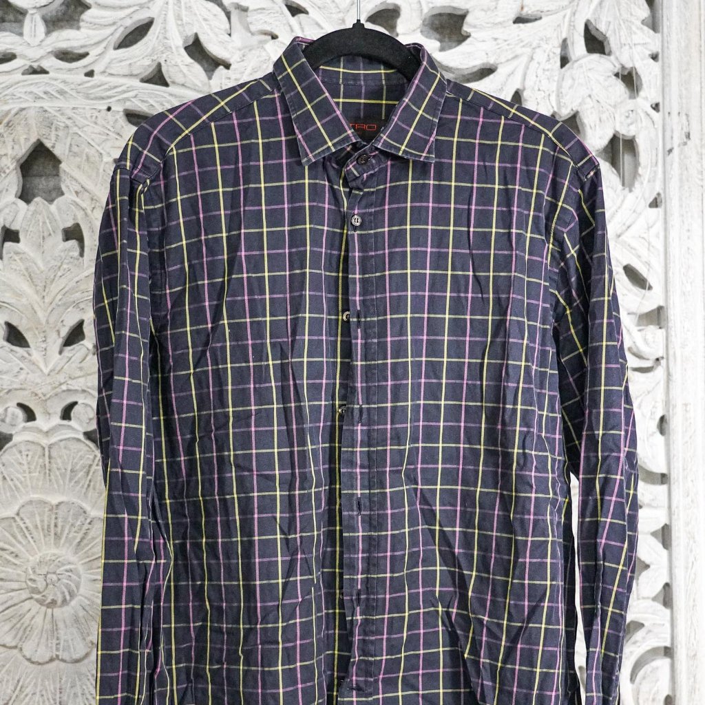 Etro Milano Men's Plaid Button-Up Shirt, Size 42, Purple & Yellow On Black